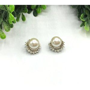 Vintage Clip On Earrings Silver Toned Round Design With Faux Pearl And Rhineston